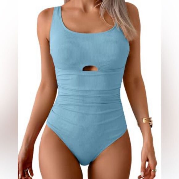 Aidonger Women's One Piece Ribbed Swimsuit Tummy Control w/ Tie Back/Cutout NWOT - Picture 1 of 5